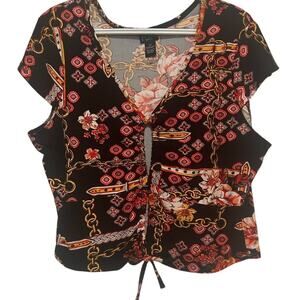 Rue+ Women's Black Floral Chain Yellow Red Print Crop Top Cap Sleeve Size 2X